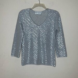 Vintage I. Magnin Women Gray Metallic 100% Cashmere Sequin Sweater Size Small